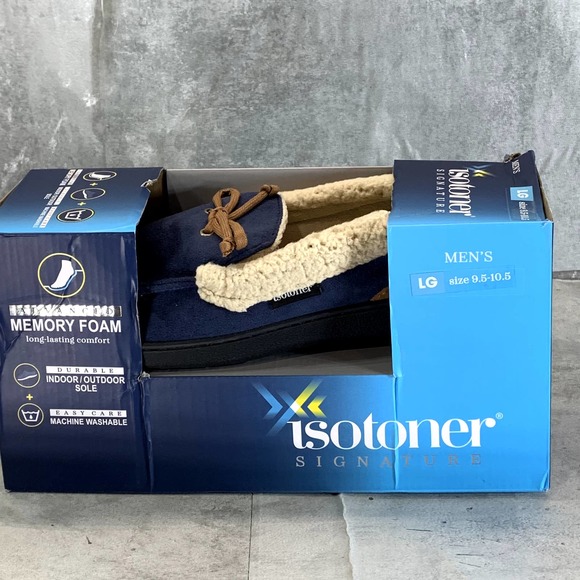Isotoner Signature Men's Navy/Blue Microsuede Memory Foam Moccasin Slippers SZ L - Picture 14 of 16
